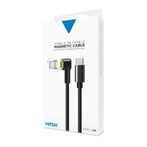 Cablu de date Vetter, Nylon Braided, USB Type C, Conector magnetic, Black
