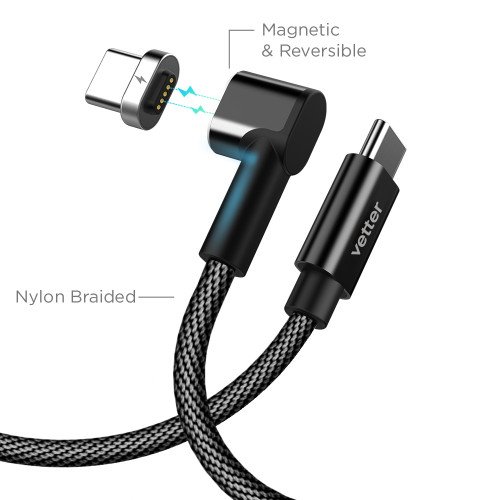 Cablu de date Vetter, Nylon Braided, USB Type C, Conector magnetic, Black